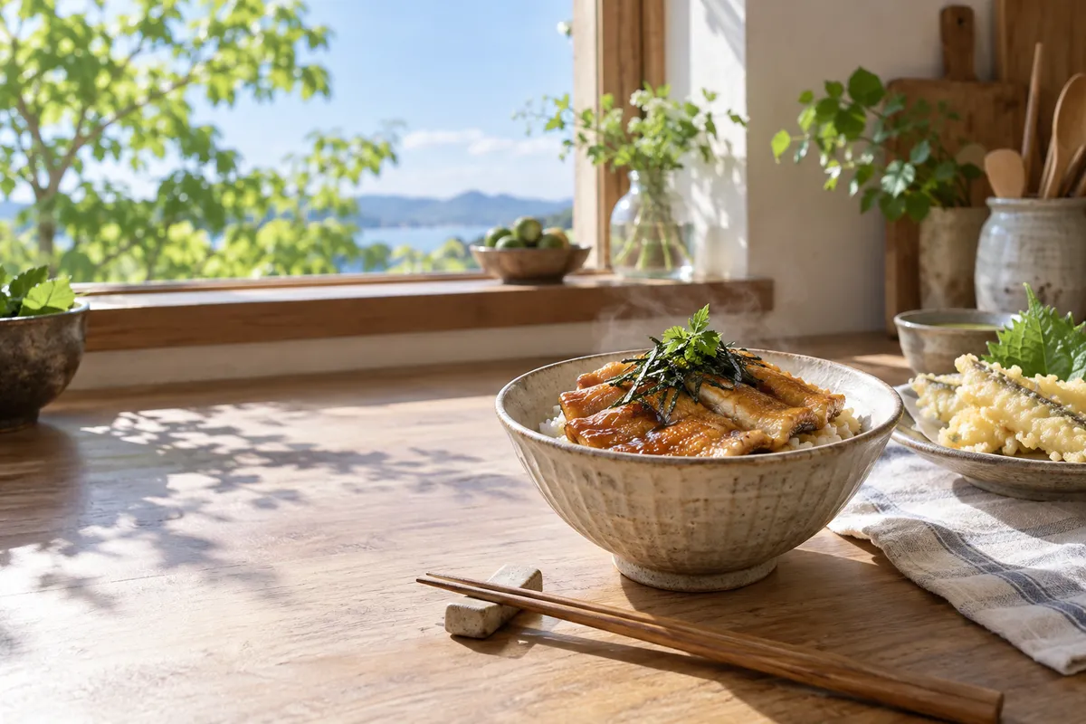 湯気の立つ穴子丼と穴子の天ぷら