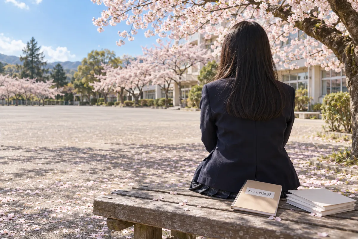 桜の下のベンチに置かれた「わたしの進路」のノート
