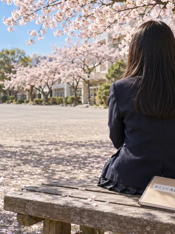 桜の下のベンチに置かれた「わたしの進路」のノート