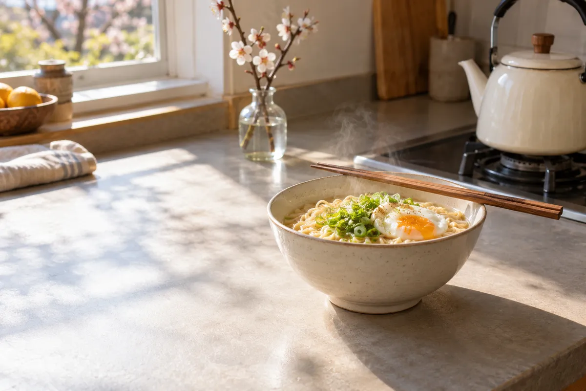 湯気の立つ麺の器と箸、梅の枝がある台所