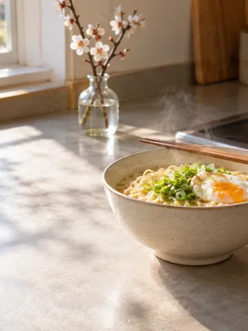 湯気の立つ麺の器と箸、梅の枝がある台所