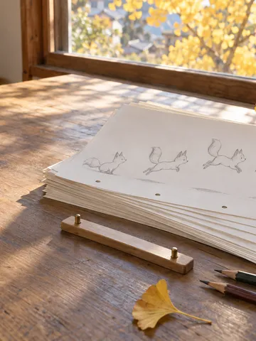 手描きの原画の束と鉛筆が並ぶ、アニメ制作机の静物