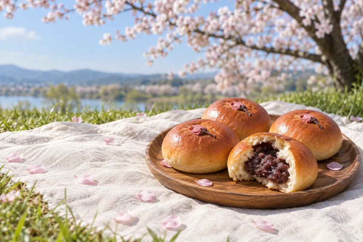 桜の下の敷物に置かれた桜あんぱん