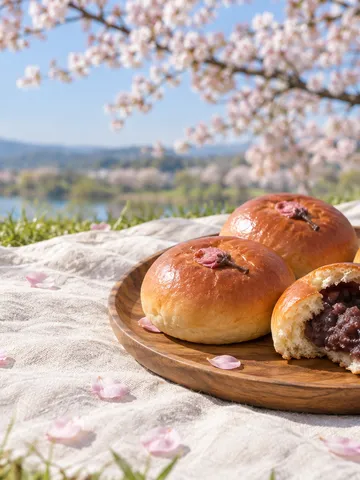 桜の下の敷物に置かれた桜あんぱん