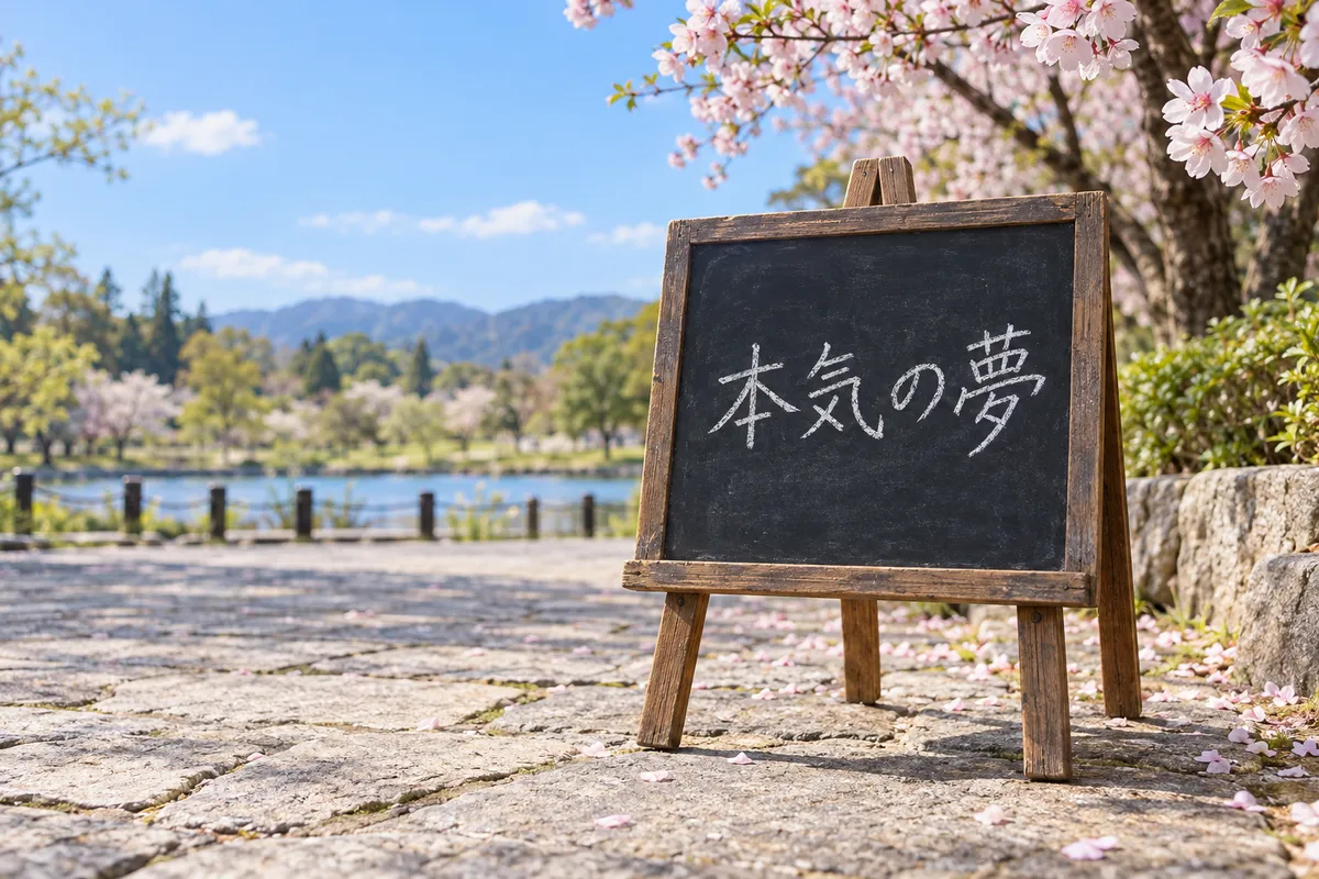 桜の公園に置かれた「本気の夢」と書かれた黒板