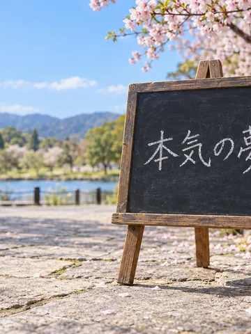 桜の公園に置かれた「本気の夢」と書かれた黒板