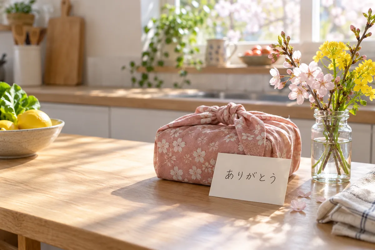 ありがとうと書いたカードとお弁当、桜の枝