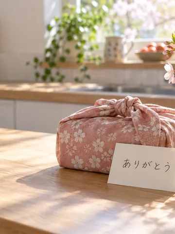 ありがとうと書いたカードとお弁当、桜の枝