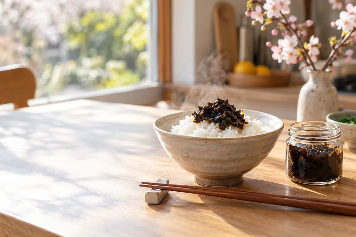 白いご飯にのせた海苔の佃煮と小さな瓶