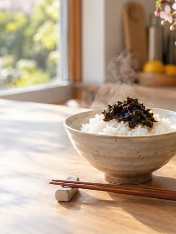 白いご飯にのせた海苔の佃煮と小さな瓶