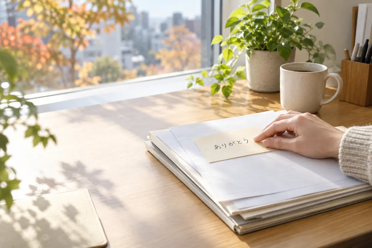 書類の束に「ありがとう」のメモを貼る手元
