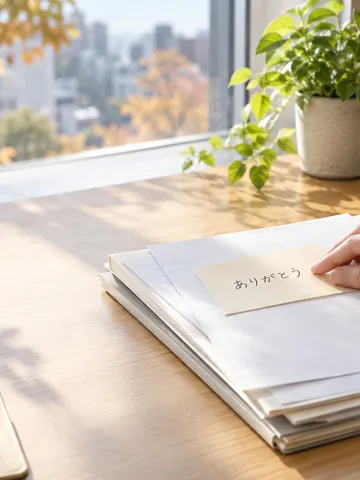 書類の束に「ありがとう」のメモを貼る手元