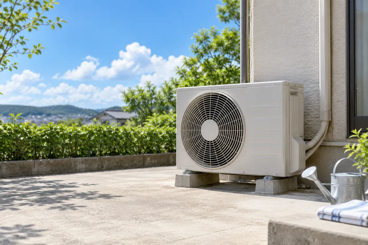 夏の日差しを受ける住宅脇の室外機