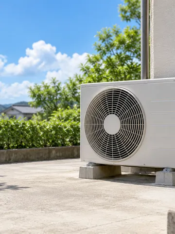 夏の日差しを受ける住宅脇の室外機