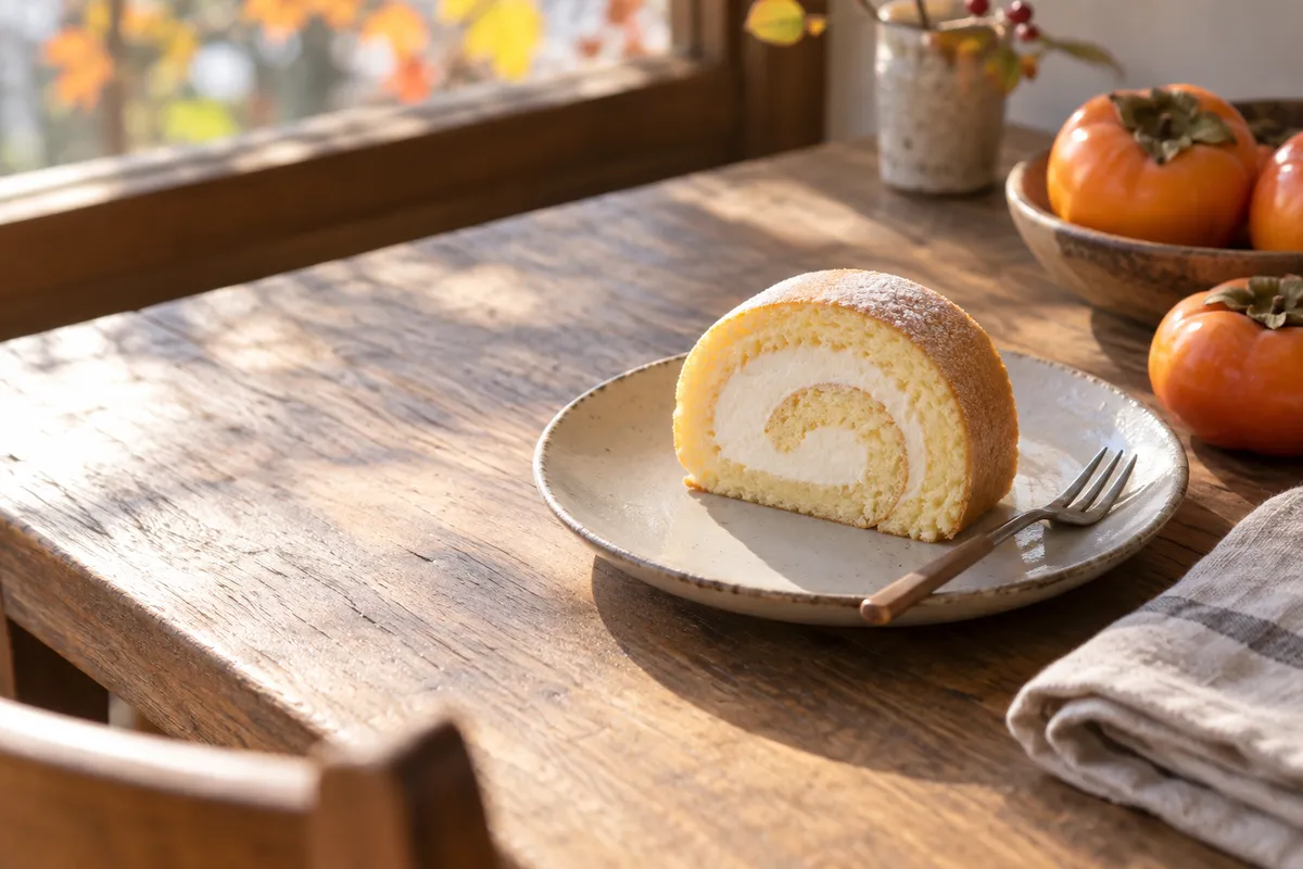 カフェのカウンターに置かれたロールケーキの一切れ