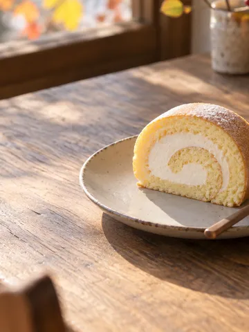カフェのカウンターに置かれたロールケーキの一切れ