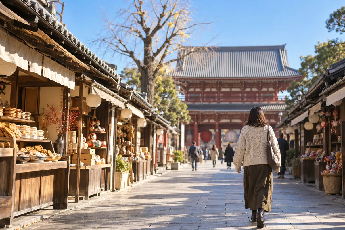 冬晴れの仲見世通りを歩く後ろ姿