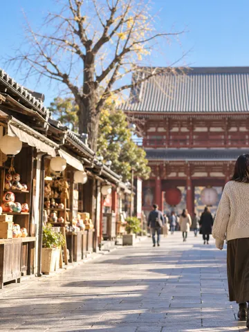冬晴れの仲見世通りを歩く後ろ姿