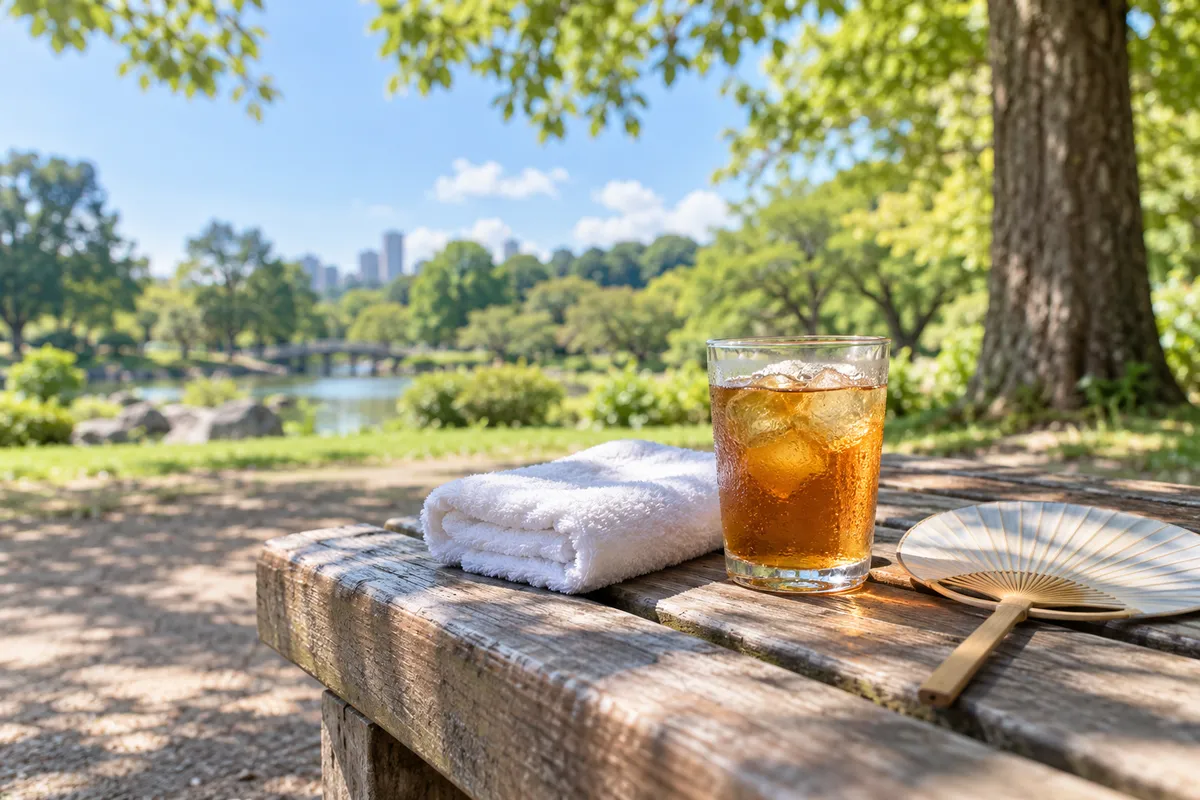 夏の公園のベンチにタオルと麦茶と小さな扇風機