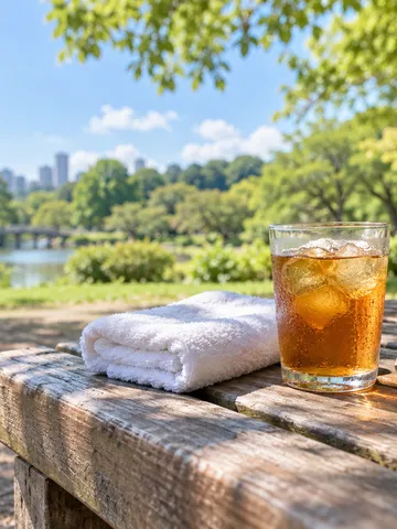 夏の公園のベンチにタオルと麦茶と小さな扇風機