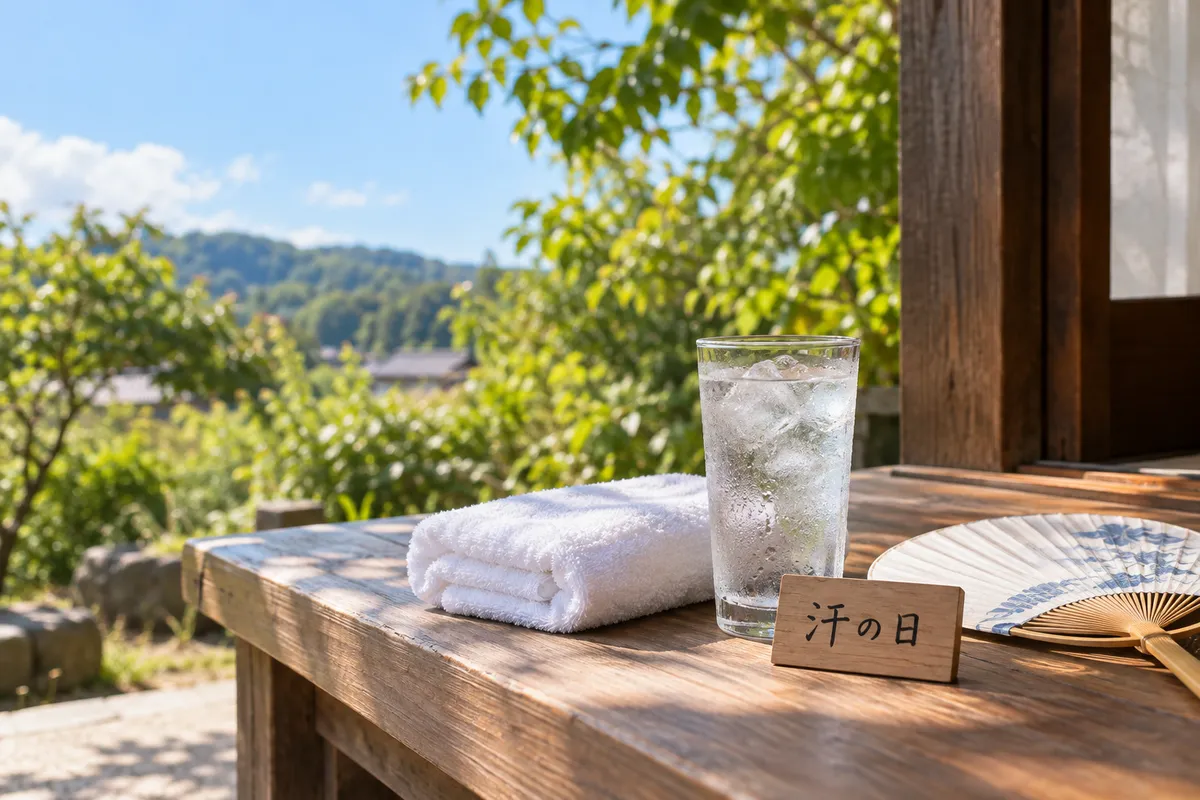 日なたのベンチにある冷たい水とタオル、汗の日の木札