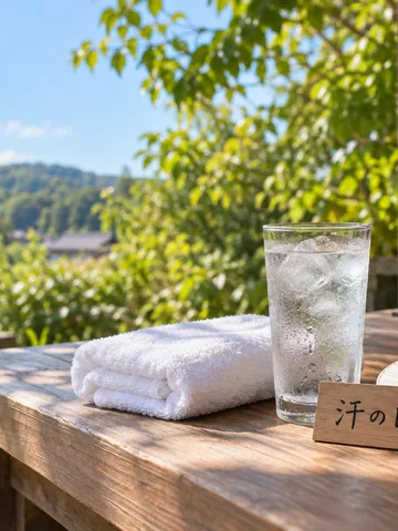 日なたのベンチにある冷たい水とタオル、汗の日の木札