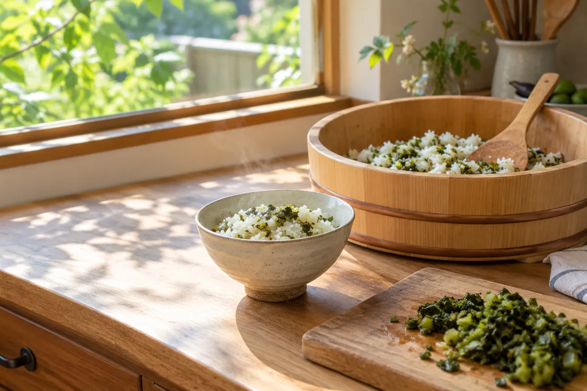 刻んだ高菜漬けをご飯に混ぜる台所の様子
