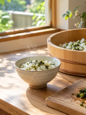 刻んだ高菜漬けをご飯に混ぜる台所の様子