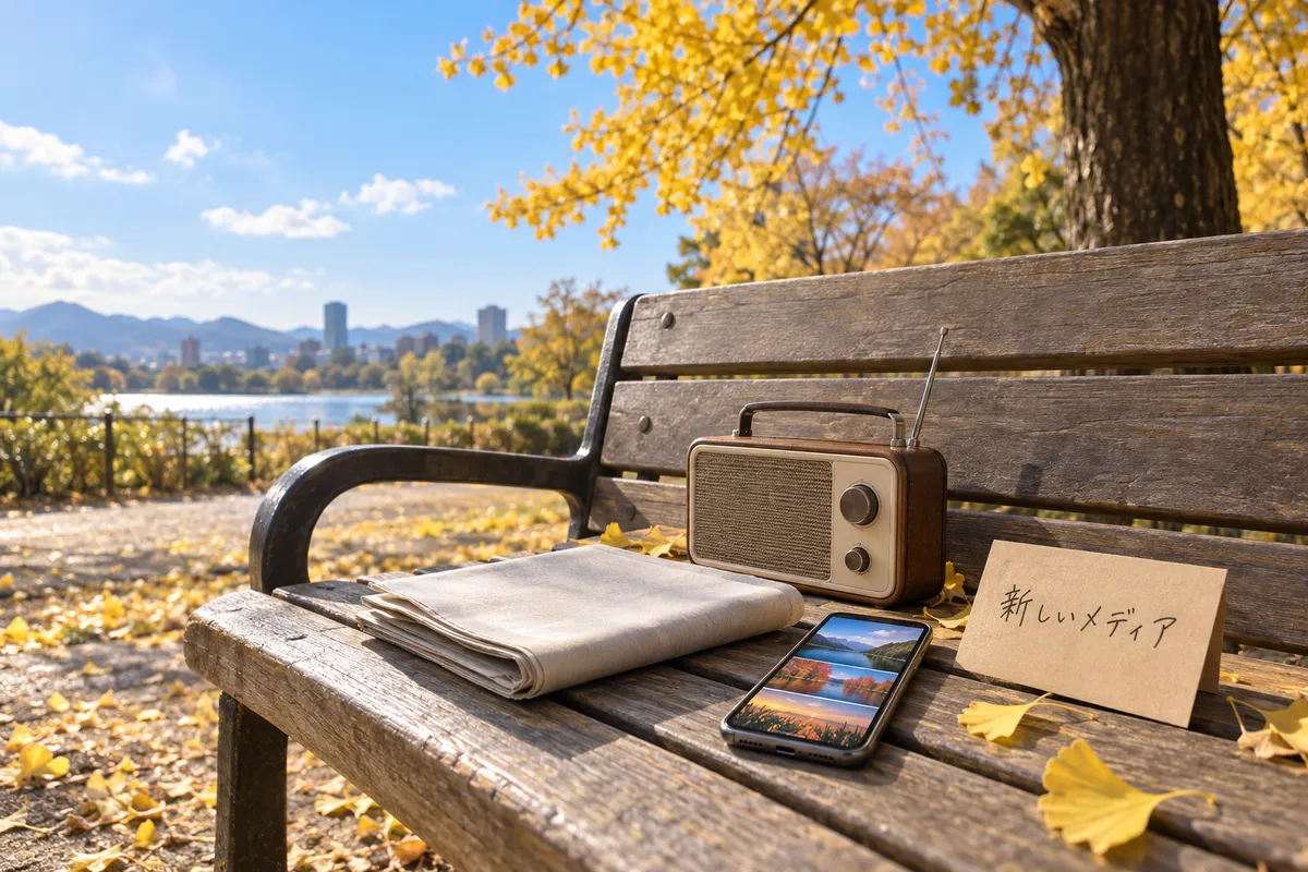 秋の公園のベンチに置かれたラジオ、新聞、スマホ、メモ