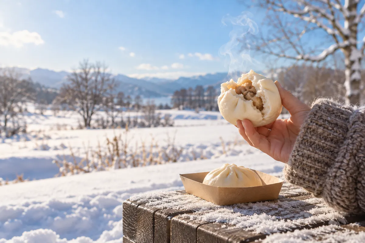 雪の日なたで湯気の立つ中華まんを持つ手元