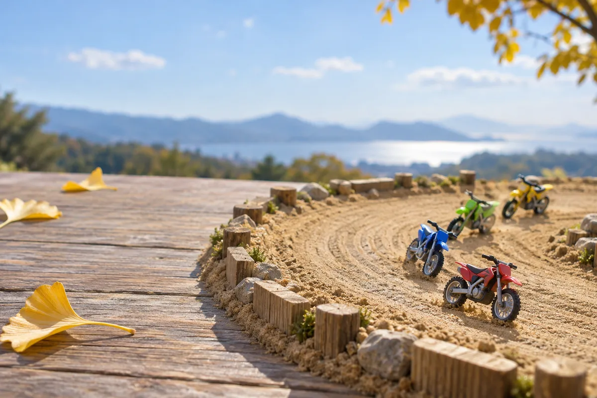 砂のトラックを走るおもちゃのバイクと秋の落ち葉