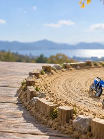 砂のトラックを走るおもちゃのバイクと秋の落ち葉