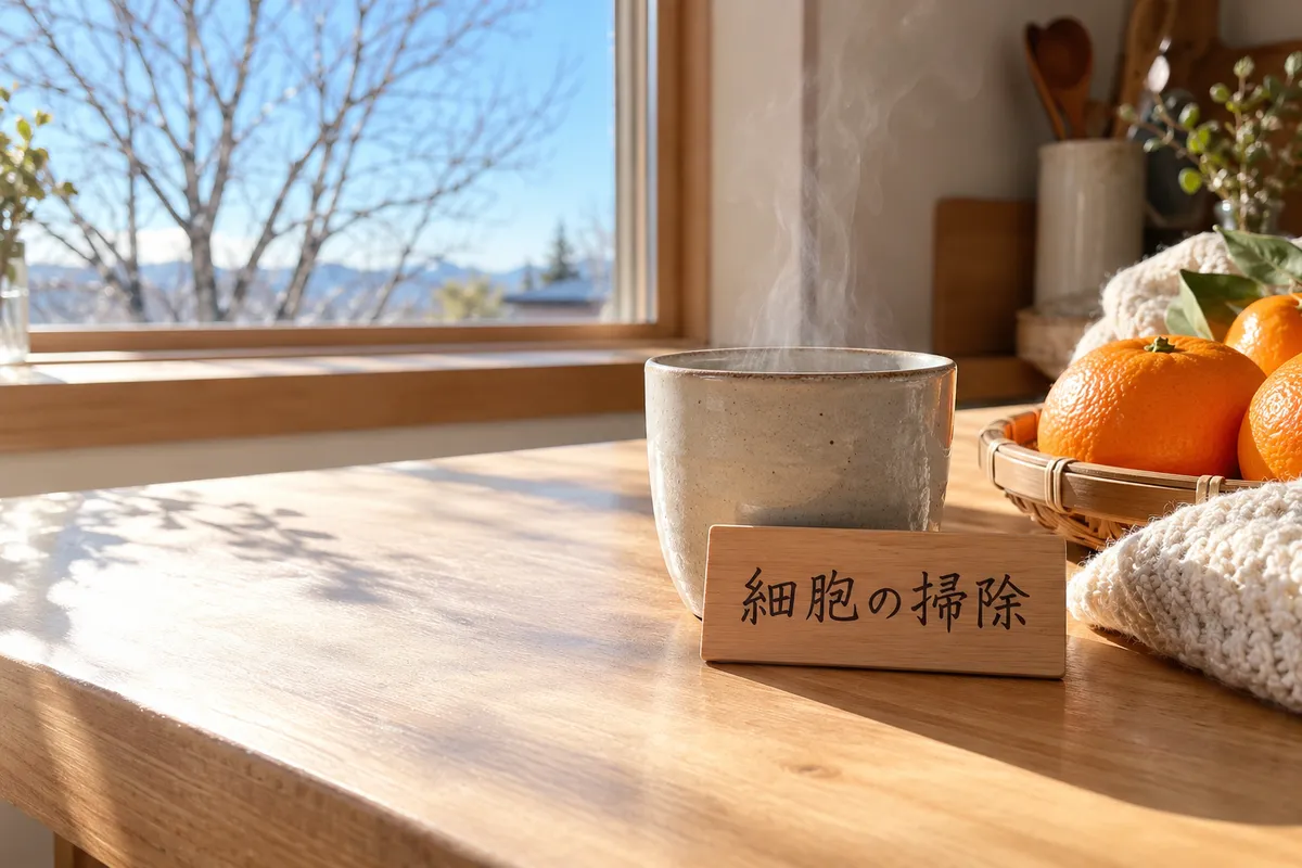 「細胞の掃除」と書かれた木札と白湯、みかん