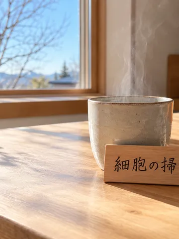 「細胞の掃除」と書かれた木札と白湯、みかん