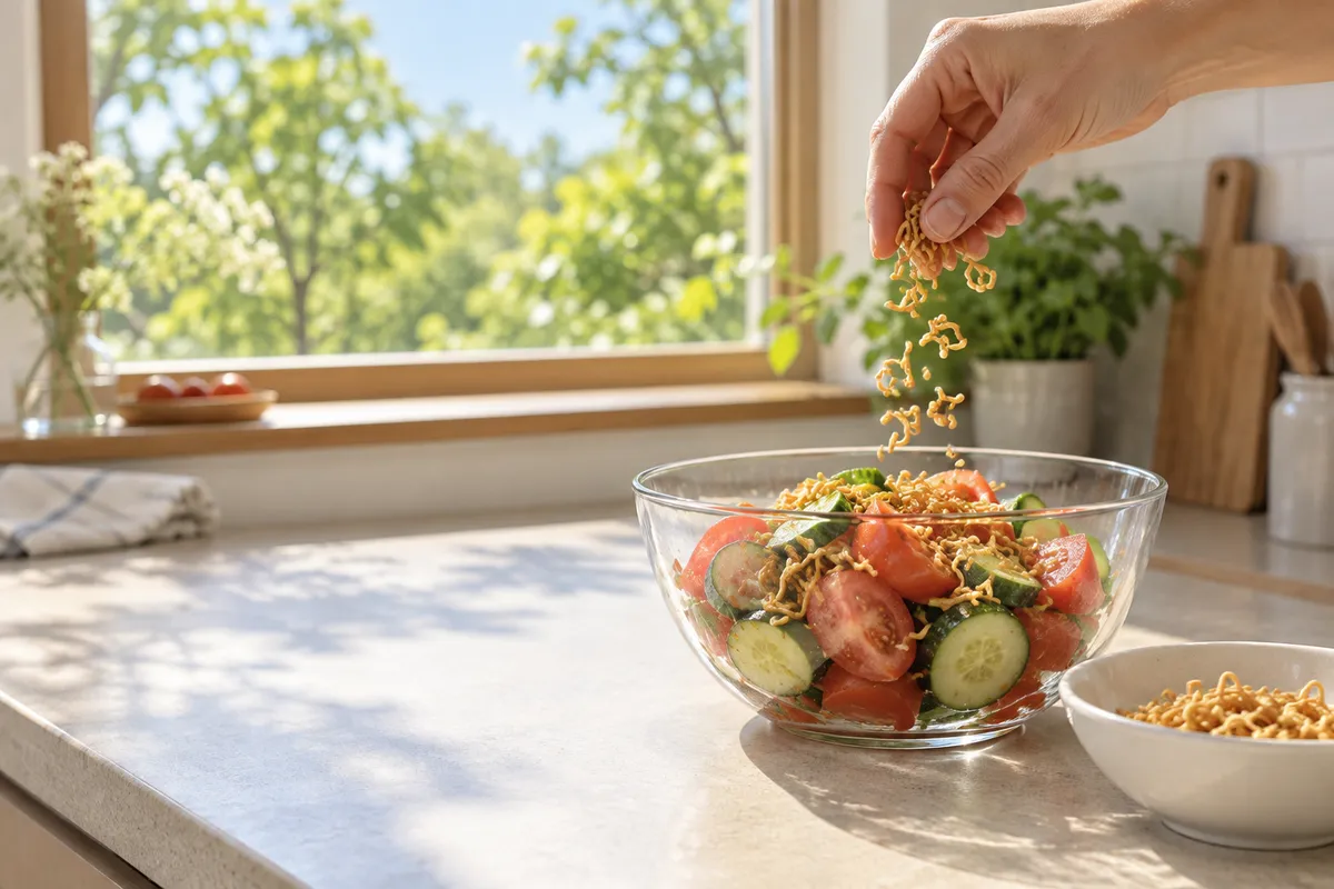 サラダに麺状のスナックを散らす夏の台所の手元