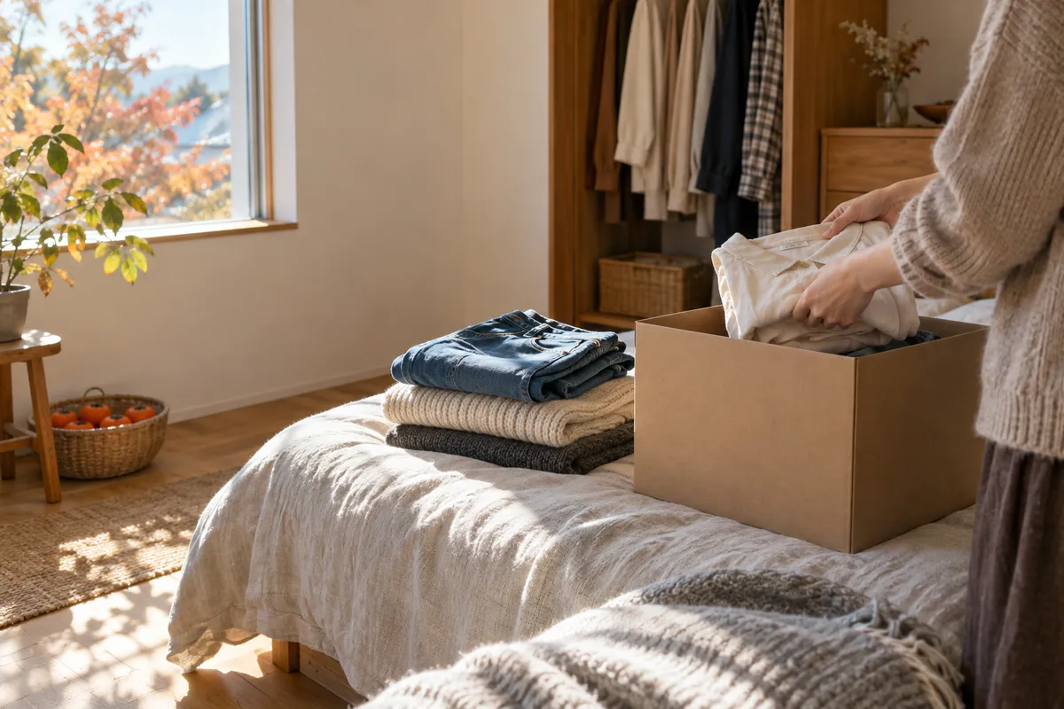 着なくなった服を段ボール箱に畳んで入れる手元