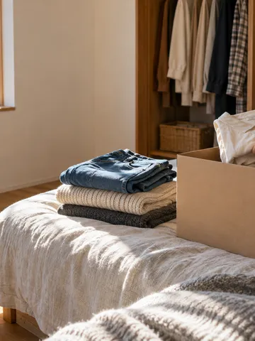着なくなった服を段ボール箱に畳んで入れる手元