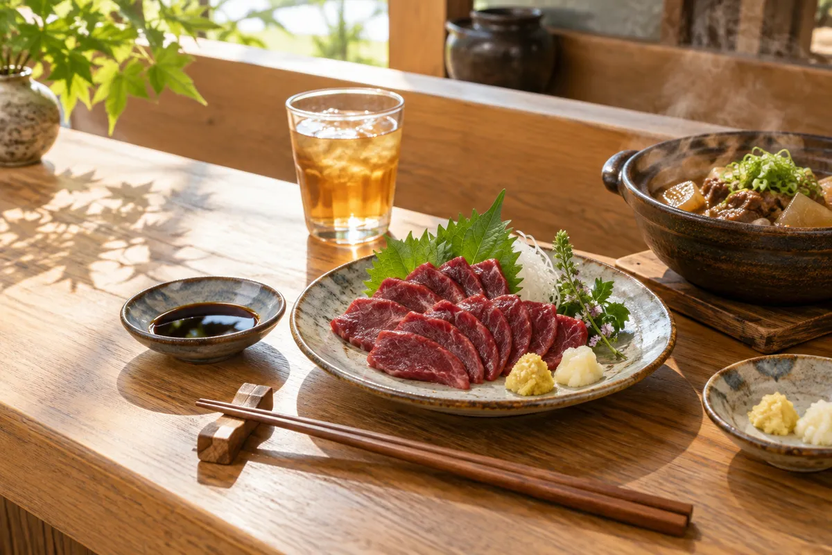 カウンターに並ぶ馬刺しと馬肉の煮込み