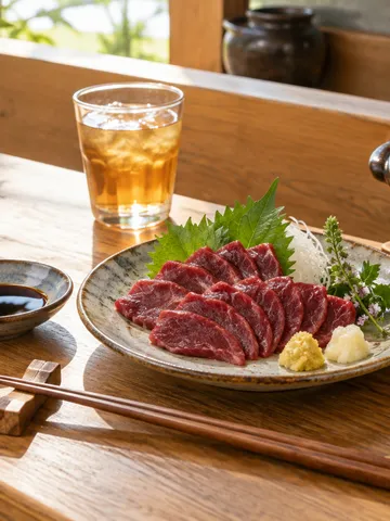 カウンターに並ぶ馬刺しと馬肉の煮込み