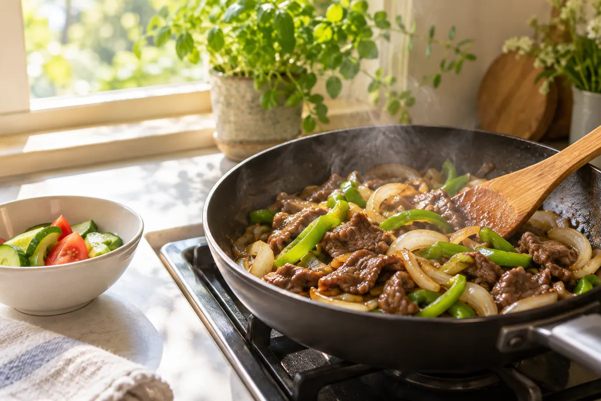 フライパンで焼肉と野菜を炒める台所の一場面
