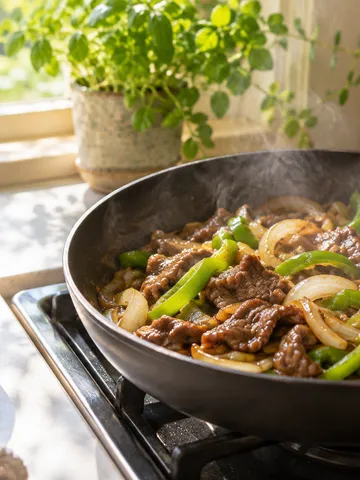 フライパンで焼肉と野菜を炒める台所の一場面