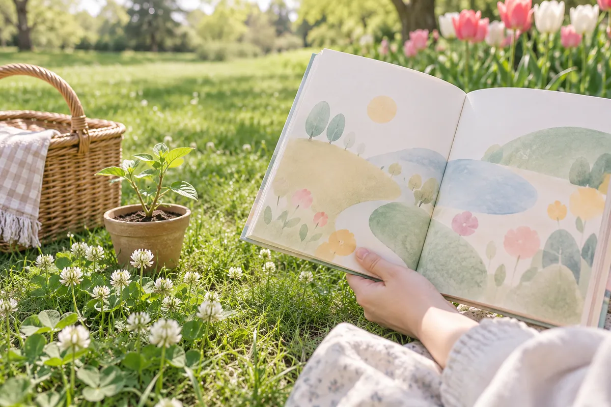 春の芝生で絵本を開く手元と小さな苗