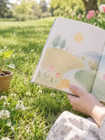 春の芝生で絵本を開く手元と小さな苗