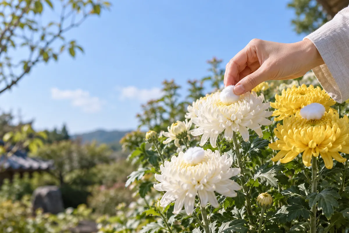 菊の花に綿をそっと置く手元の写真