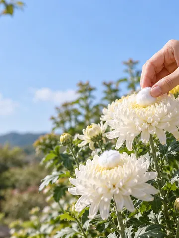 菊の花に綿をそっと置く手元の写真