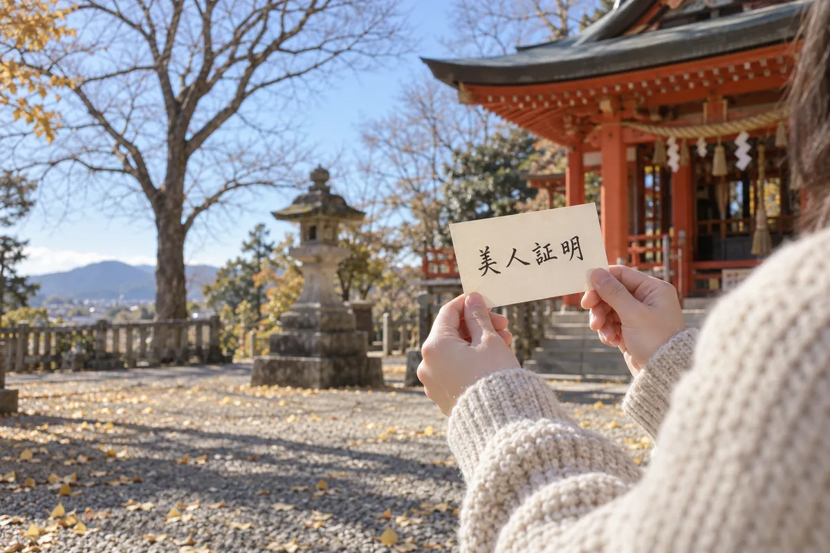 日だまりの神社で美人証明の札を持つ手元