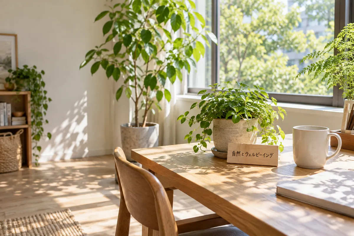 植物が置かれた明るい室内の机と木の札