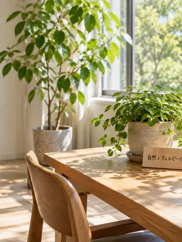 植物が置かれた明るい室内の机と木の札