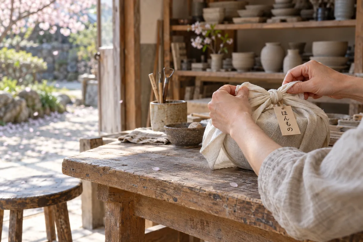 工房の作業台で布に包まれた手作りの器と「ほんもの」の木札