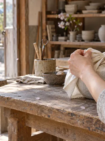 工房の作業台で布に包まれた手作りの器と「ほんもの」の木札